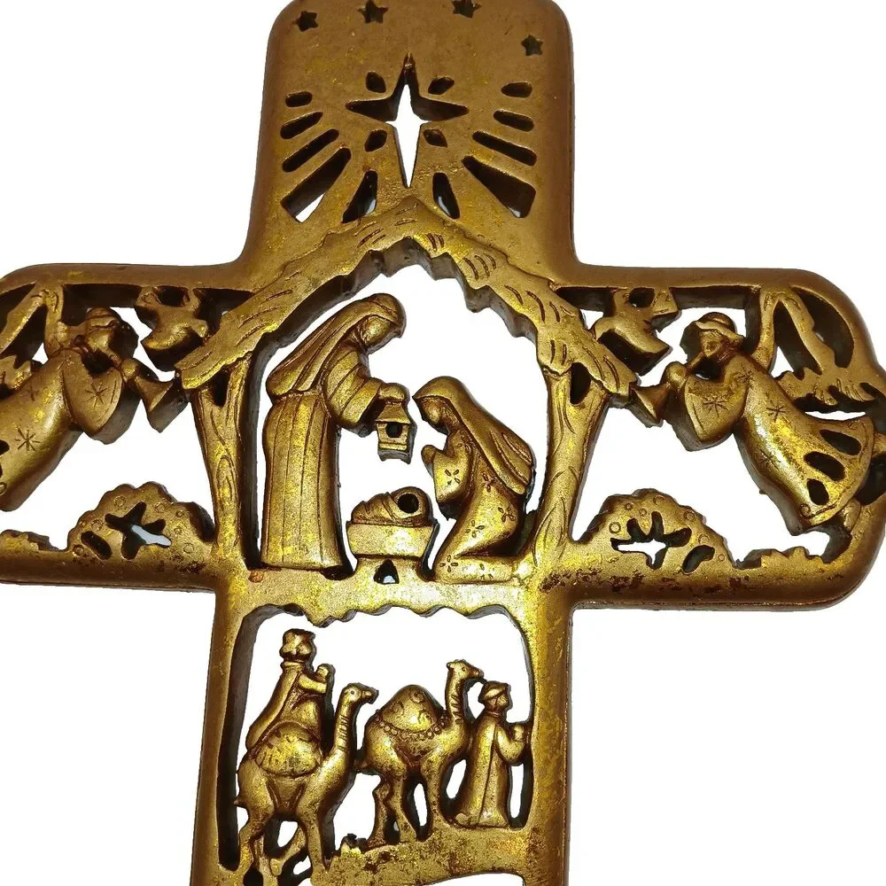 Christmas Cross Nativity Scene Wall Hanging Gilded R. Fogle Dicksons New in Box